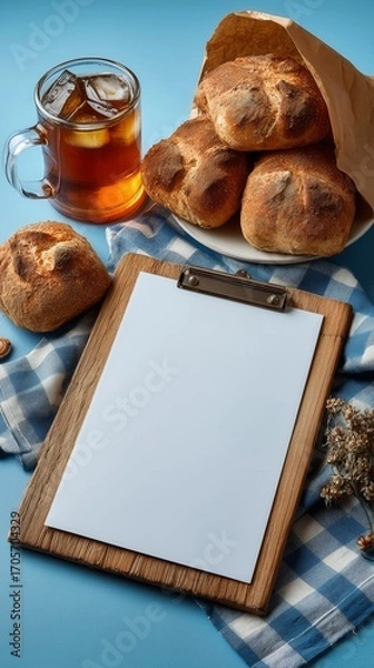 Obraz A big blank white A4 paper restaurant lunch menu mock-up surrounded by freshly baked bread. 4