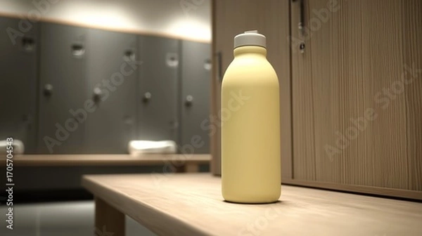 Obraz A modern gym locker room with a pastel yellow water bottle is placed neatly on the bench. 3