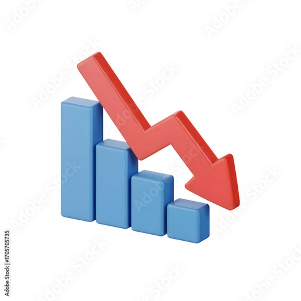 Fototapeta 3d red arrow indicating financial downturn, depicted in a graph isolated on white background