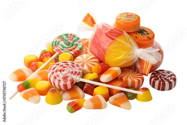 Fototapeta A colorful assortment of halloween candies including lollipops candy corn and wrapped treats isolated on transparent background