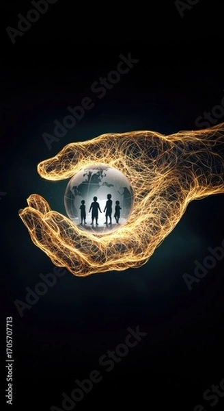Fototapeta Stylized hand holding a globe with children inside, representing future generations and environmental responsibility.