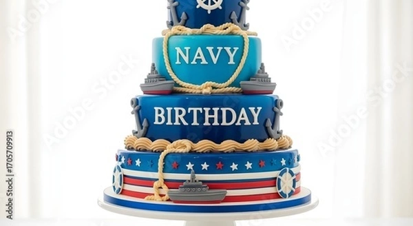 Obraz A stunning multi-tiered navy-themed birthday cake decorated with anchors, ropes, ships, stars, and patriotic colors, celebrating a special occasion.