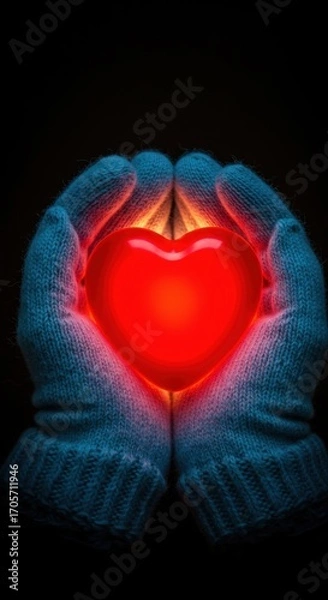 Fototapeta Hands in mittens hold a glowing red heart against a dark background. Love and care concept.