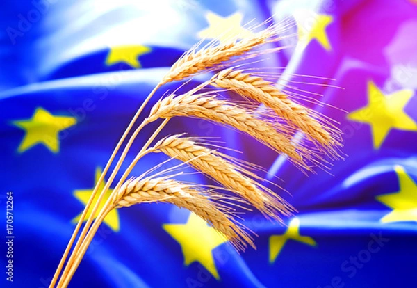 Fototapeta Wheat on EU flag background. Wheat grain. UE wheat export prices. European Union Export curbs. European Union grain shipment. Export of rye, barley, corn. EU grain prices. Crop Production.