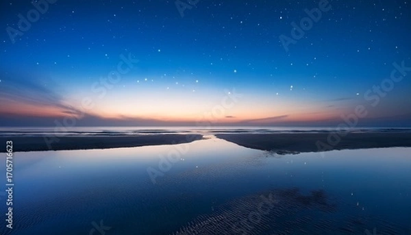 Obraz Clear Night Sky Over Tranquil Water Reflection At The Edge Of The Beach During Twilight Hours