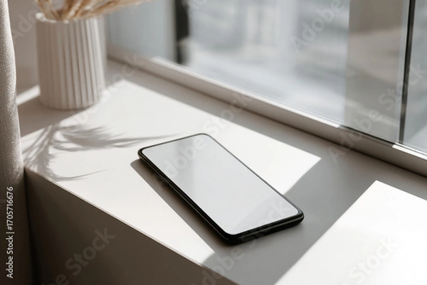 Fototapeta Modern smartphone lying on a white desk, blank screen for app or UI design, natural daylight, ultra-realistic reflections