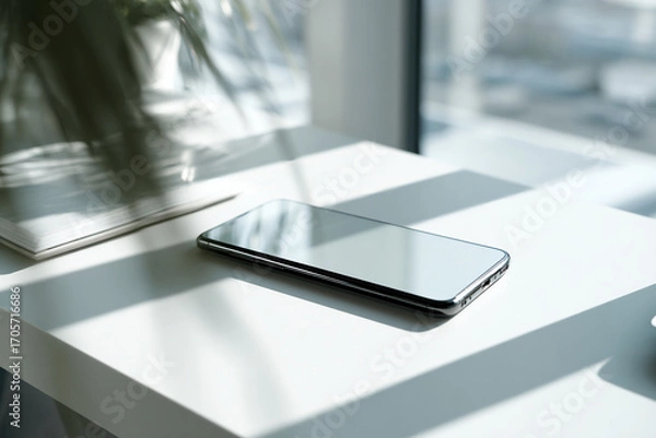 Fototapeta Modern smartphone lying on a white desk, blank screen for app or UI design, natural daylight, ultra-realistic reflections