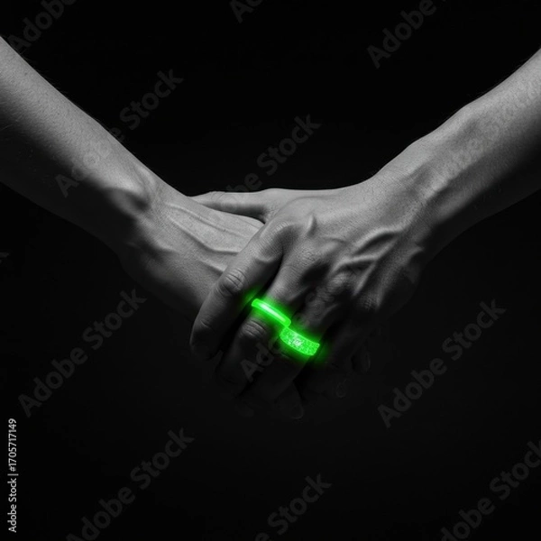 Fototapeta Two hands with glowing green rings on a black background showcase modern commitment and style.