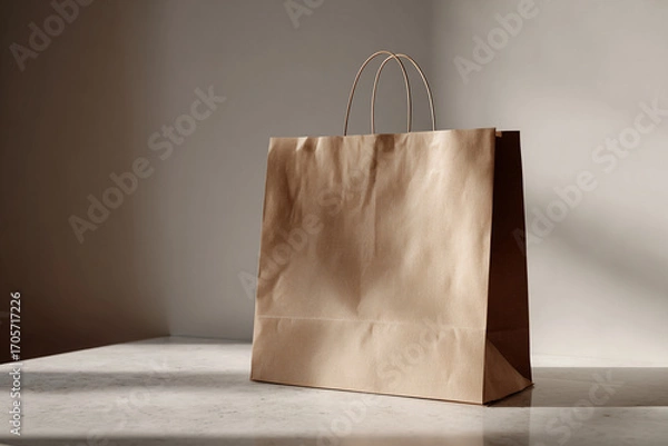 Fototapeta Paper shopping bag standing upright on a neutral surface, blank space for branding, ultra-realistic paper texture and shadows