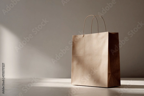 Fototapeta Paper shopping bag standing upright on a neutral surface, blank space for branding, ultra-realistic paper texture and shadows
