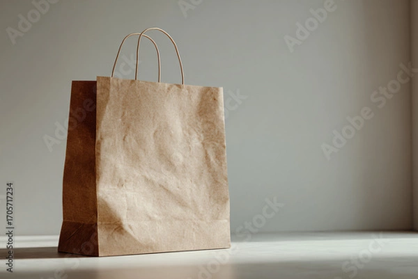 Fototapeta Paper shopping bag standing upright on a neutral surface, blank space for branding, ultra-realistic paper texture and shadows