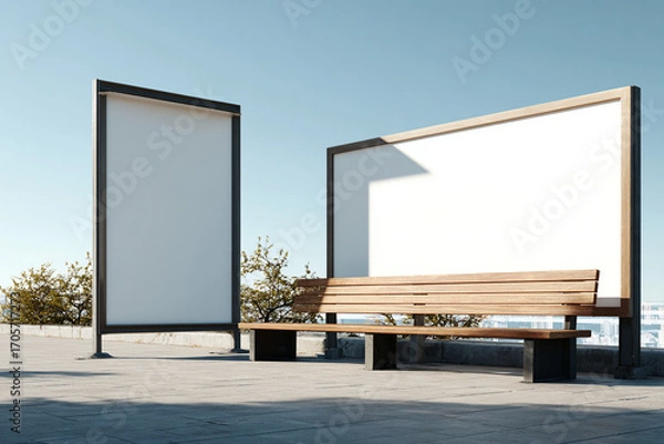 Fototapeta Park bench with built-in advertising board, blank panel ready for branding design, sunny outdoor setting