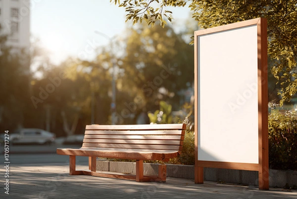 Fototapeta Park bench with built-in advertising board, blank panel ready for branding design, sunny outdoor setting