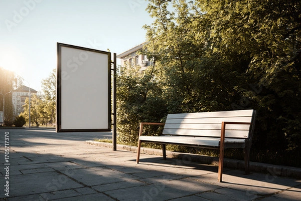 Fototapeta Park bench with built-in advertising board, blank panel ready for branding design, sunny outdoor setting
