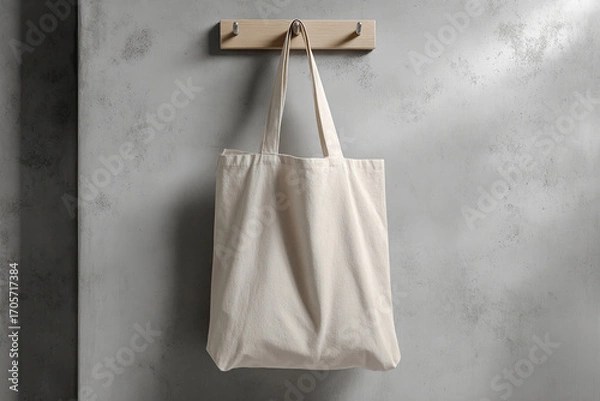 Fototapeta Plain eco-friendly tote bag hanging on a hook, blank fabric surface for print design, neutral background, ultra-realistic cotton texture