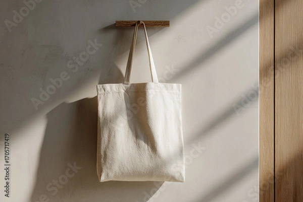 Fototapeta Plain eco-friendly tote bag hanging on a hook, blank fabric surface for print design, neutral background, ultra-realistic cotton texture