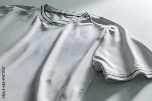 Fototapeta Plain sports jersey laid flat on a clean surface, blank fabric space for logo or team design, ultra-realistic stitching details