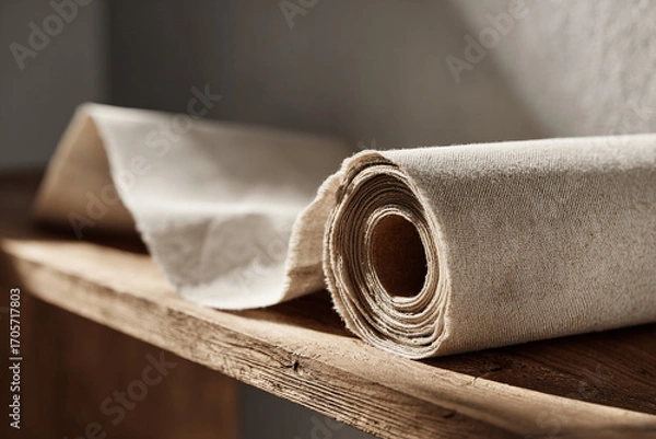 Fototapeta Rolled piece of plain fabric placed on a wooden surface, blank textile pattern for design showcase