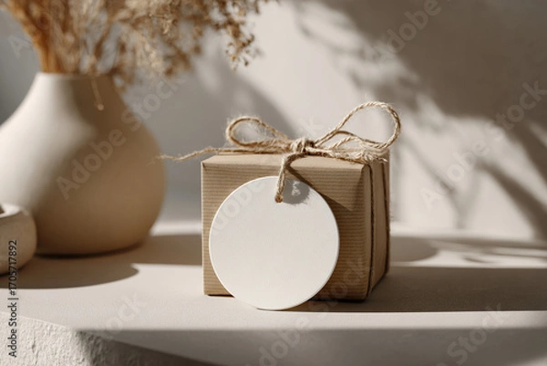 Fototapeta Round paper label tied to a gift box with twine, blank surface for logo design, soft natural lighting