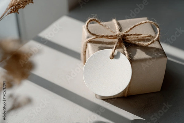 Fototapeta Round paper label tied to a gift box with twine, blank surface for logo design, soft natural lighting