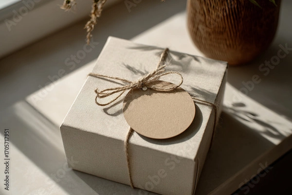 Fototapeta Round paper label tied to a gift box with twine, blank surface for logo design, soft natural lighting