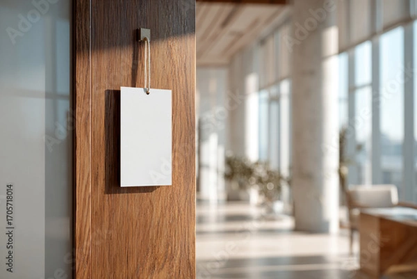 Fototapeta Small rectangular door sign hanging on a modern wooden door, blank area for customization, soft indoor lighting