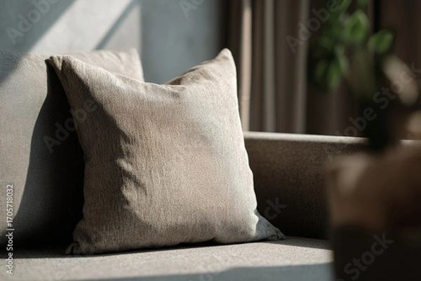 Fototapeta Soft decorative pillow on a cozy sofa, blank cover for textile design, warm home atmosphere