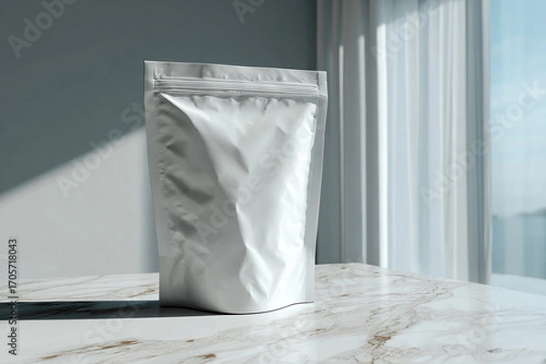 Fototapeta Standing resealable pouch on a white marble surface, blank area for branding, soft daylight, ultra-realistic packaging texture
