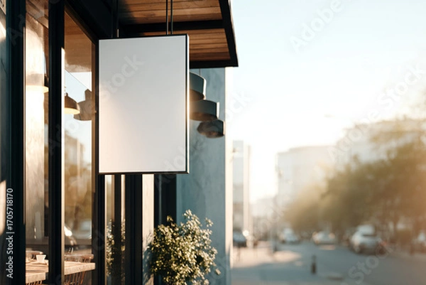Fototapeta Street signboard outside a modern café, blank rectangular surface for logo or text, sunny urban scene