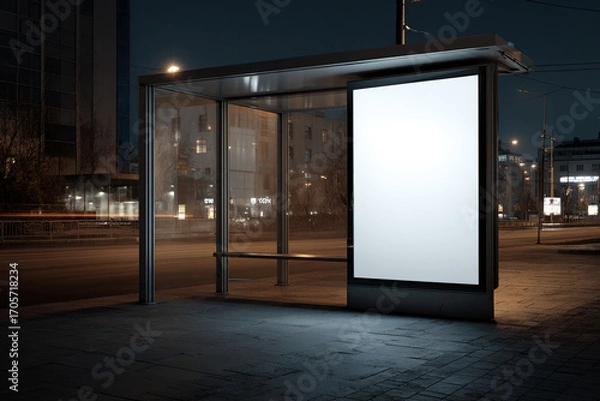 Fototapeta Urban bus stop with a blank advertising poster, evening city lights in the background, ultra-realistic style