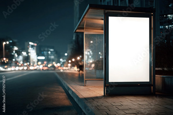 Fototapeta Urban bus stop with a blank advertising poster, evening city lights in the background, ultra-realistic style