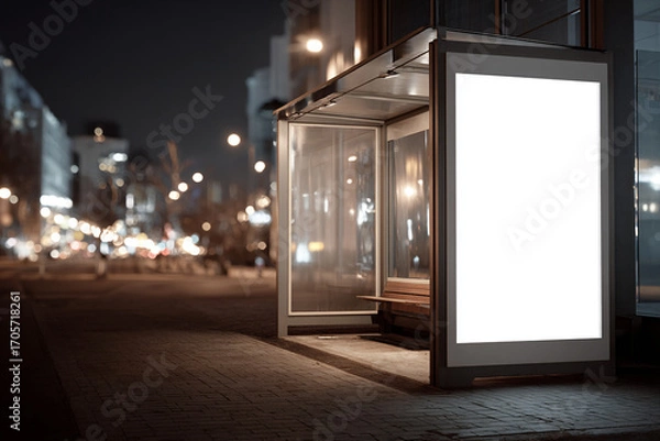 Fototapeta Urban bus stop with a blank advertising poster, evening city lights in the background, ultra-realistic style