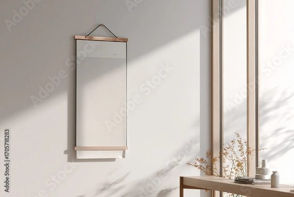 Fototapeta Vertical poster frame hanging on a plain white wall, blank area for art or typography, modern Scandinavian interior