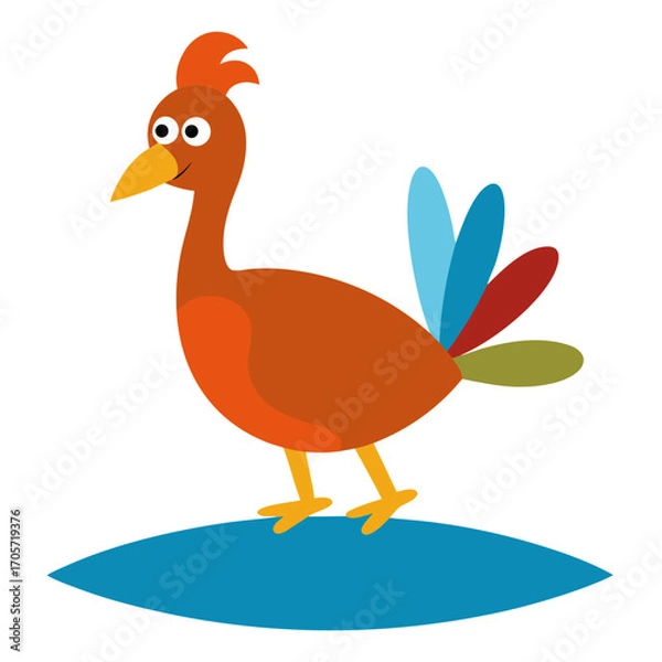 Fototapeta Whimsical cartoon bird with colorful feathers standing on blue shape