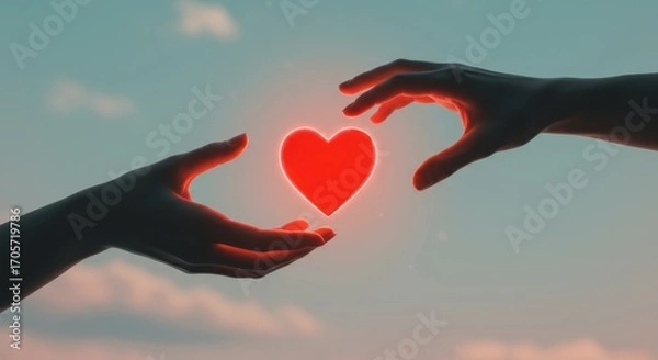 Fototapeta Hands reaching for a glowing red heart against a sky, symbolizing love, connection and relationships.