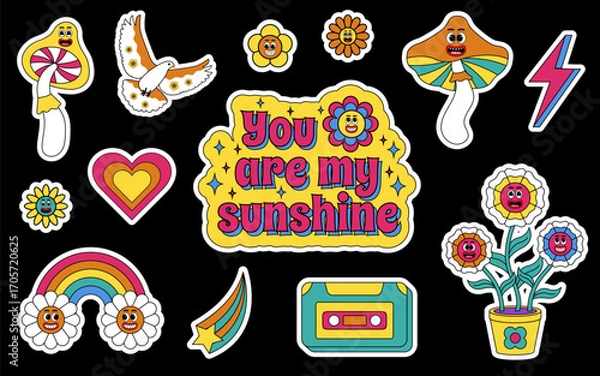 Fototapeta Groovy stickers set. Groovy hippie 70s set. Sticker pack in trendy retro psychedelic style.