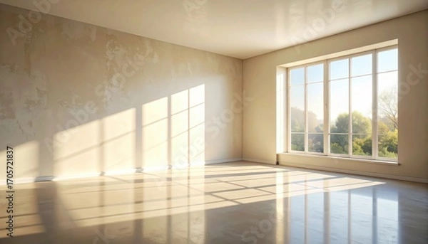 Obraz An empty room bathed in morning sunlight, showcasing a large window with a tranquil view.