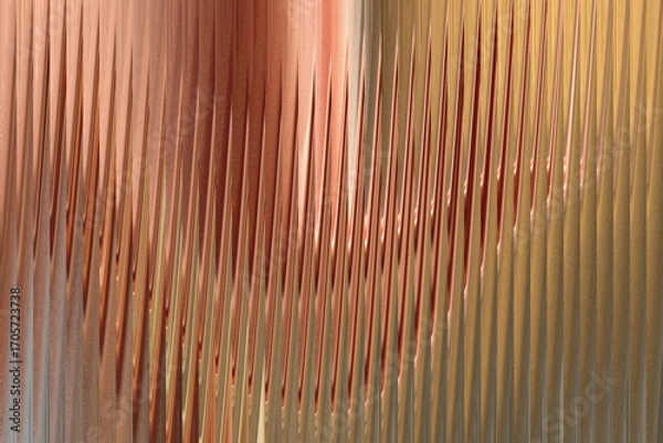 Fototapeta A textured abstract background with vertical corrugated lines in warm metallic tones of copper and gold, creating a sense of depth and shimmer