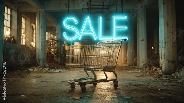 Fototapeta Conceptual Image of a Shopping Cart with a Neon Sale Sign in a Dilapidated Building