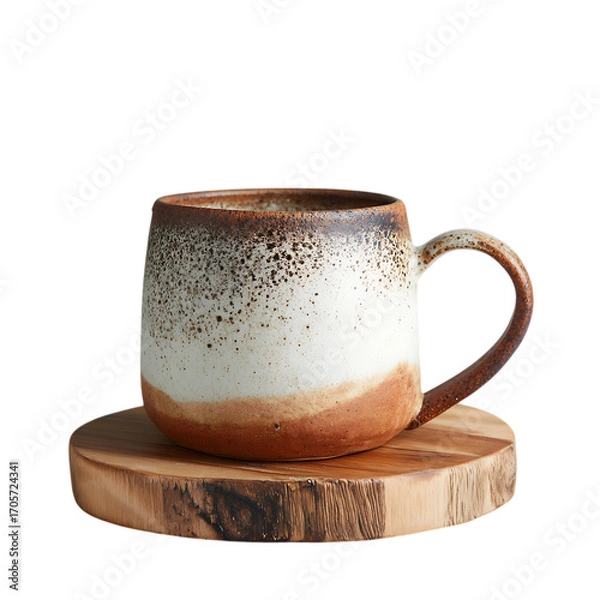 Fototapeta Artistic ceramic mug with glazed finish resting on wooden coaster isolated on transparent background