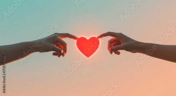 Fototapeta Two hands reaching for a red heart shape against a gradient blue and orange background.