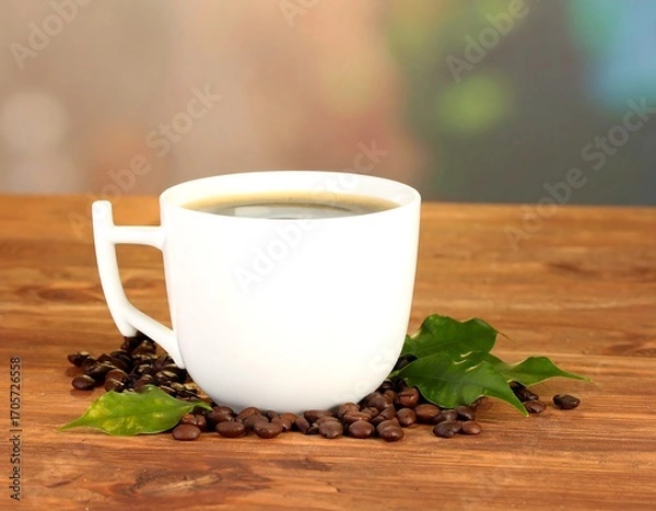 Obraz White coffee mug with coffee beans on a wooden table