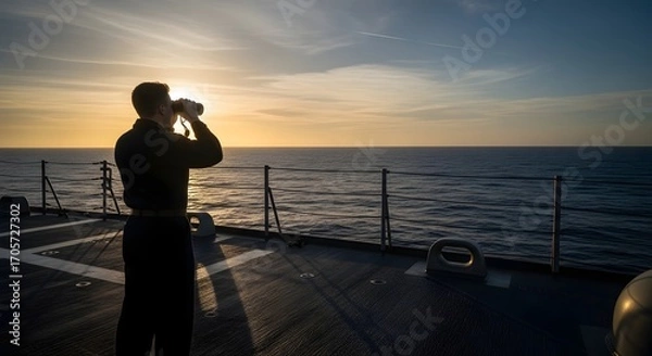 Obraz Sailor scans the horizon at sunset from a ship's deck, using binoculars.