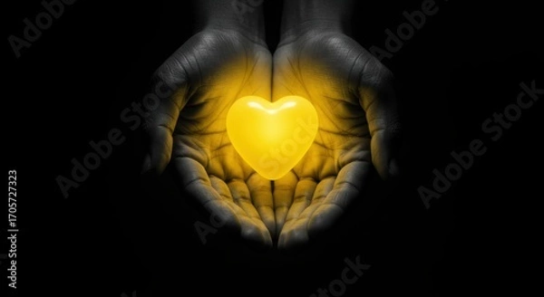 Fototapeta Hands holding a glowing yellow heart against a dark background, representing love and compassion.