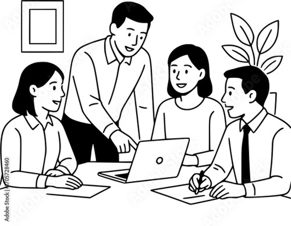 Fototapeta Minimalist black and white line art of office workers in a meeting, teamwork concept