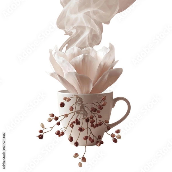 Obraz Coffee Bloom: Elegant White Flower Emerging from a Cup with Steam and Coffee Beans