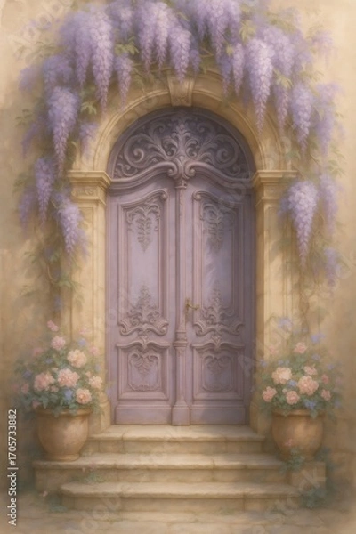 Obraz Wisteria is hanging over an ornate purple door with flower pots on each side of the stairs, creating a romantic and elegant atmosphere
