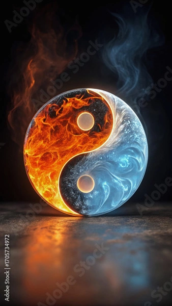 Fototapeta Yin yang symbol made of fire and ice, swirling slowly, represents balance and harmony. fiery side radiates warmth, while icy side exudes coolness, creating captivating visual contrast