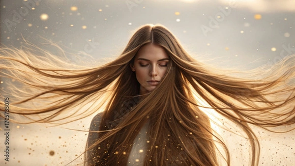 Fototapeta Woman with long, flowing hair stands gracefully, her hair blowing in slow motion, surrounded by dreamy atmosphere filled with soft light and shimmering particles