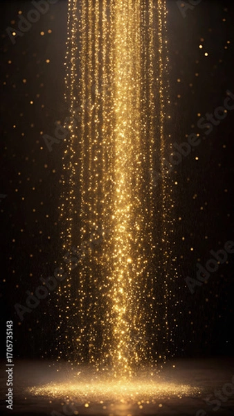 Fototapeta Vertical cascade of fine gold particles creates mesmerizing effect, resembling luxurious waterfall of shimmering light. scene evokes sense of elegance and wonder